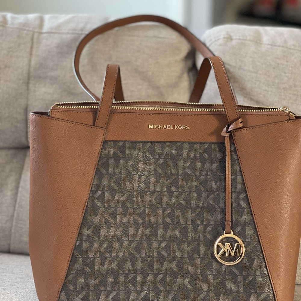Michael Kors Brown and Tan Tote Bag with Logo Charm